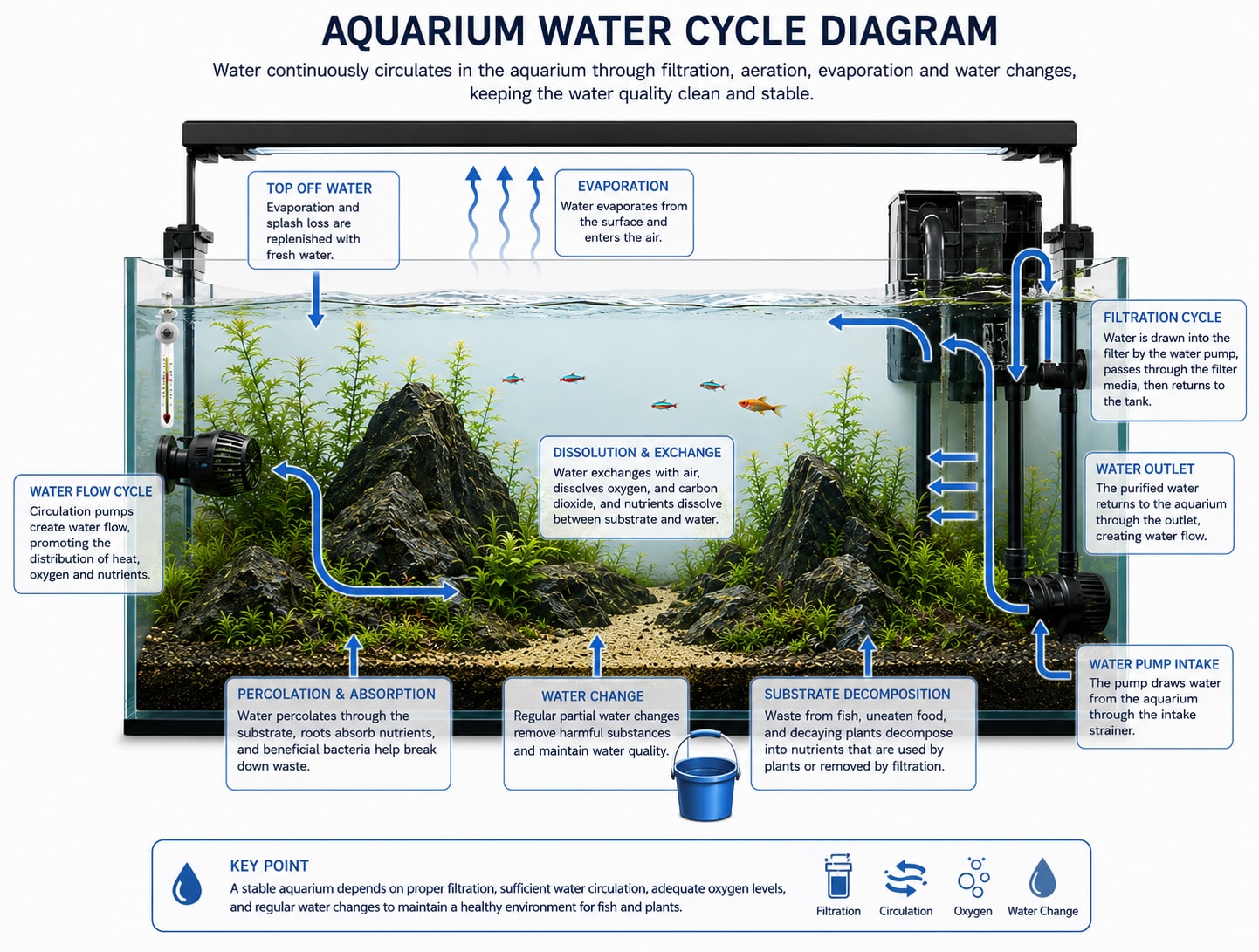 Aquarium water cycle — water moves through filtration, evaporation, and replenishment in a continuous loop