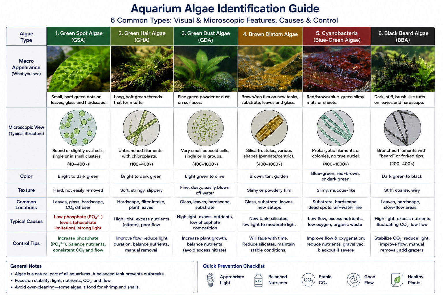 Visual identification chart for six common aquarium algae — macroscopic appearance, microscopic structure, causes, and control measures