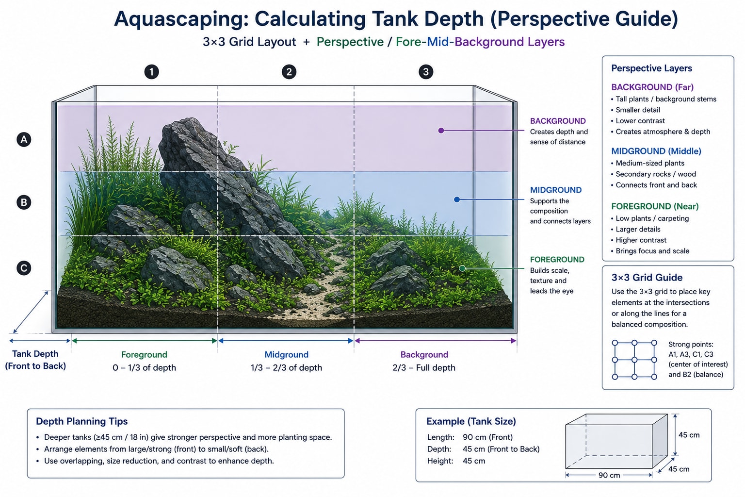 Tank-depth perspective guide — overlaying a 3×3 grid on the front view and slicing the tank into foreground / midground / background depth layers