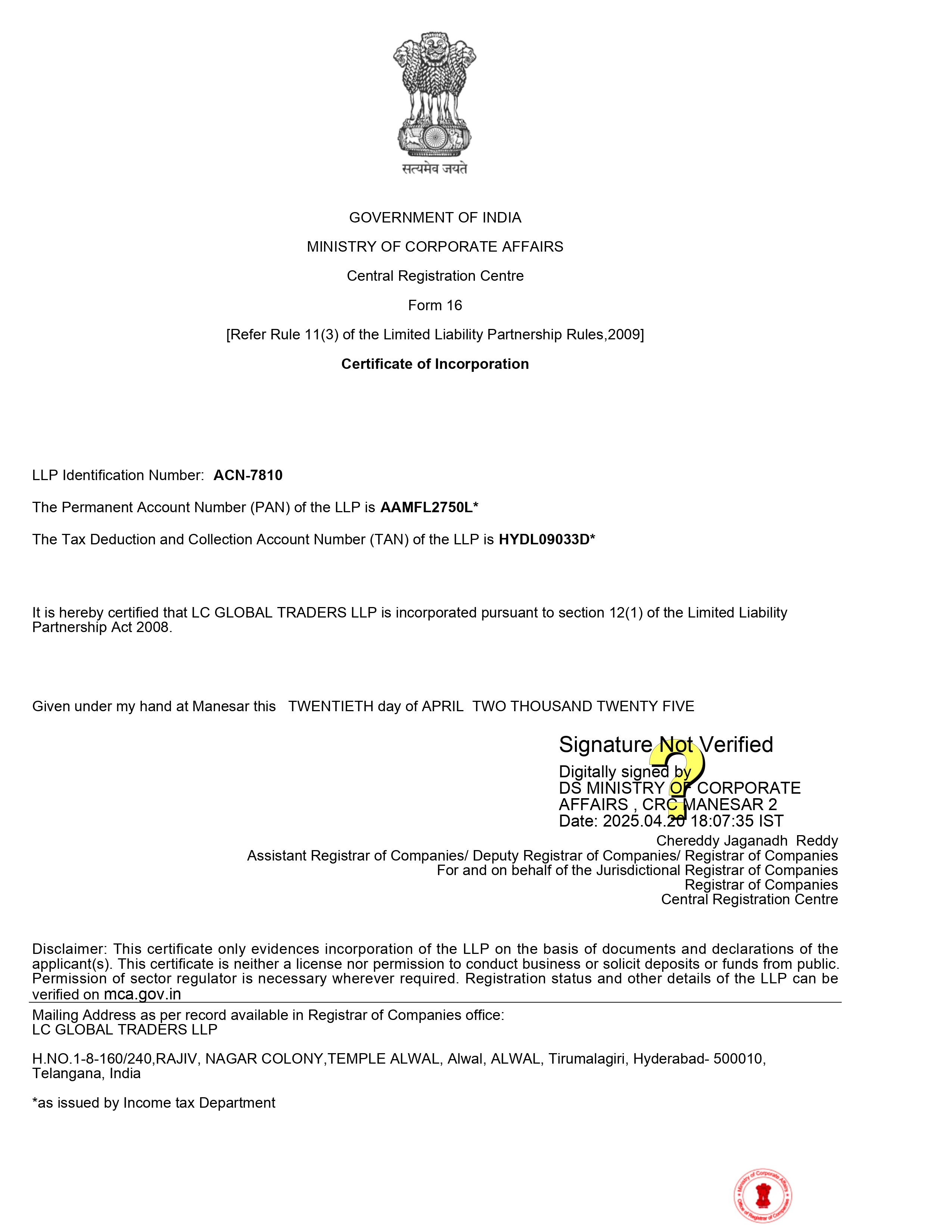 MCA Registration Certificate