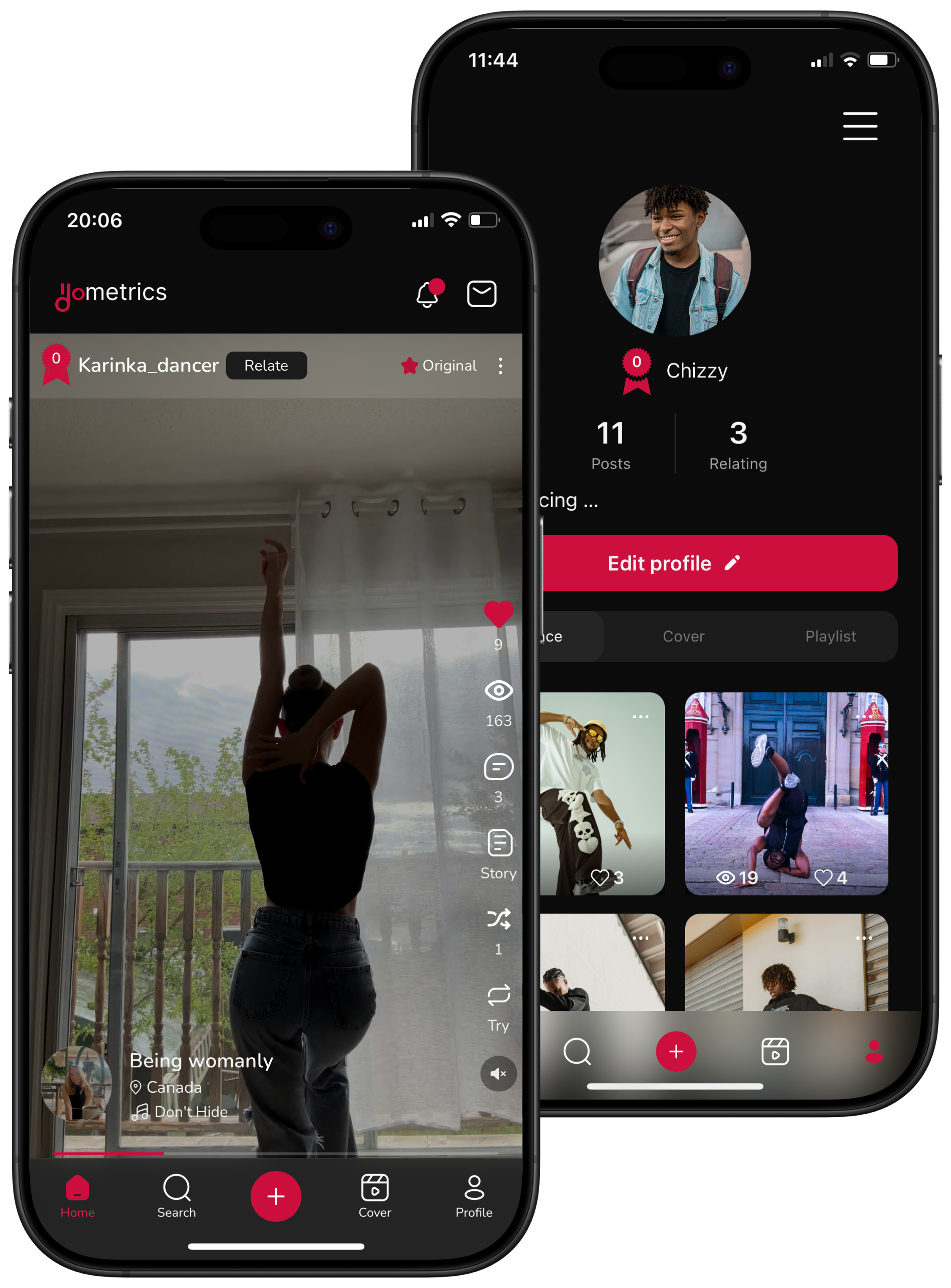 Dancer performing in a studio overlaid with IdoMetrics app interface showing AI dance analysis