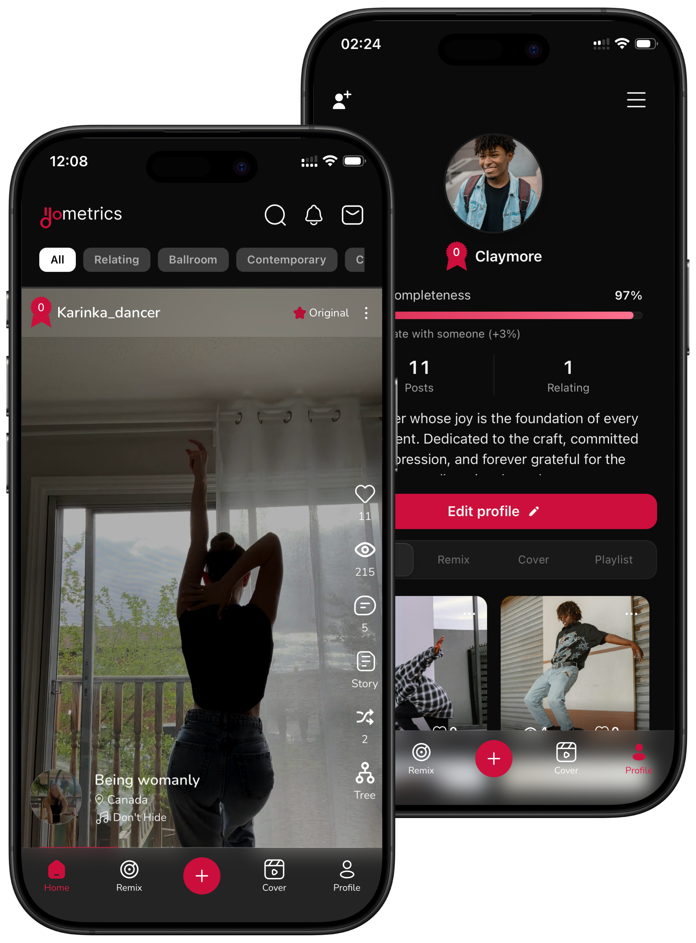 Dancer performing in a studio overlaid with IdoMetrics app interface showing AI dance analysis
