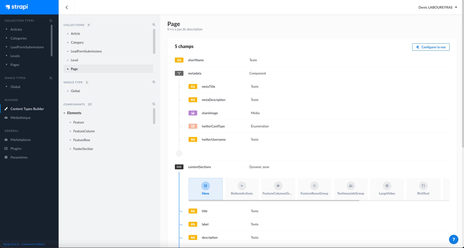 Ecran de création de modèle Strapi