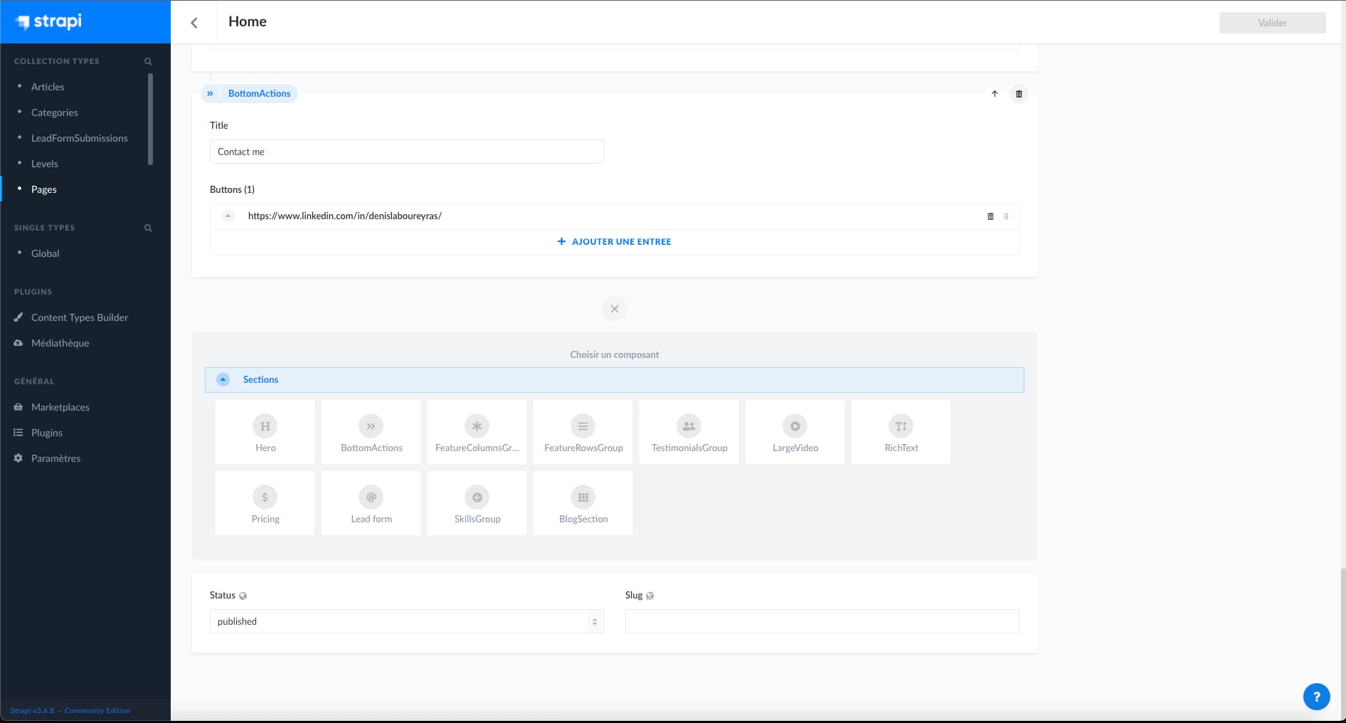Ecran de création de contenu Strapi