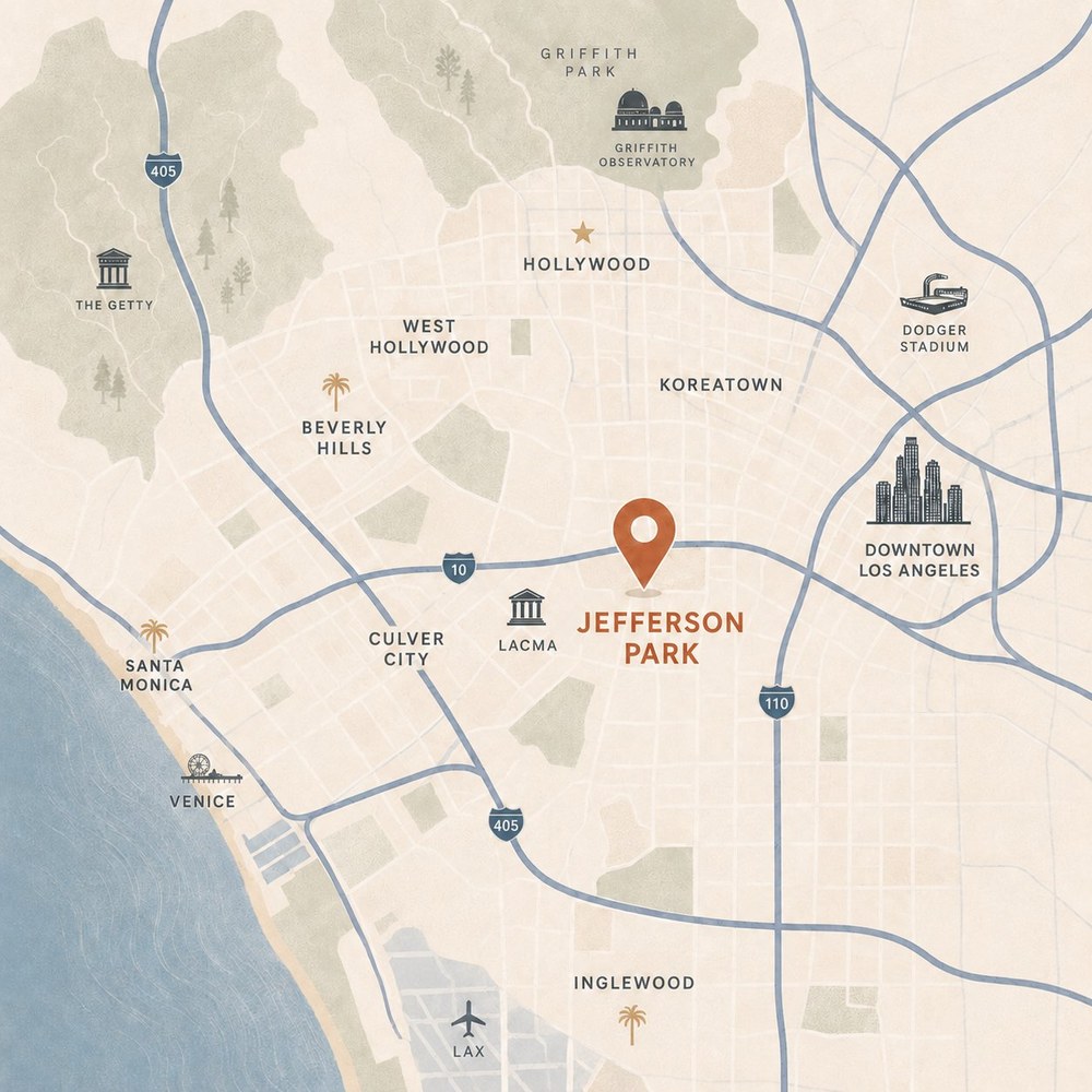 Map showing Jefferson Park / West Adams area of Los Angeles