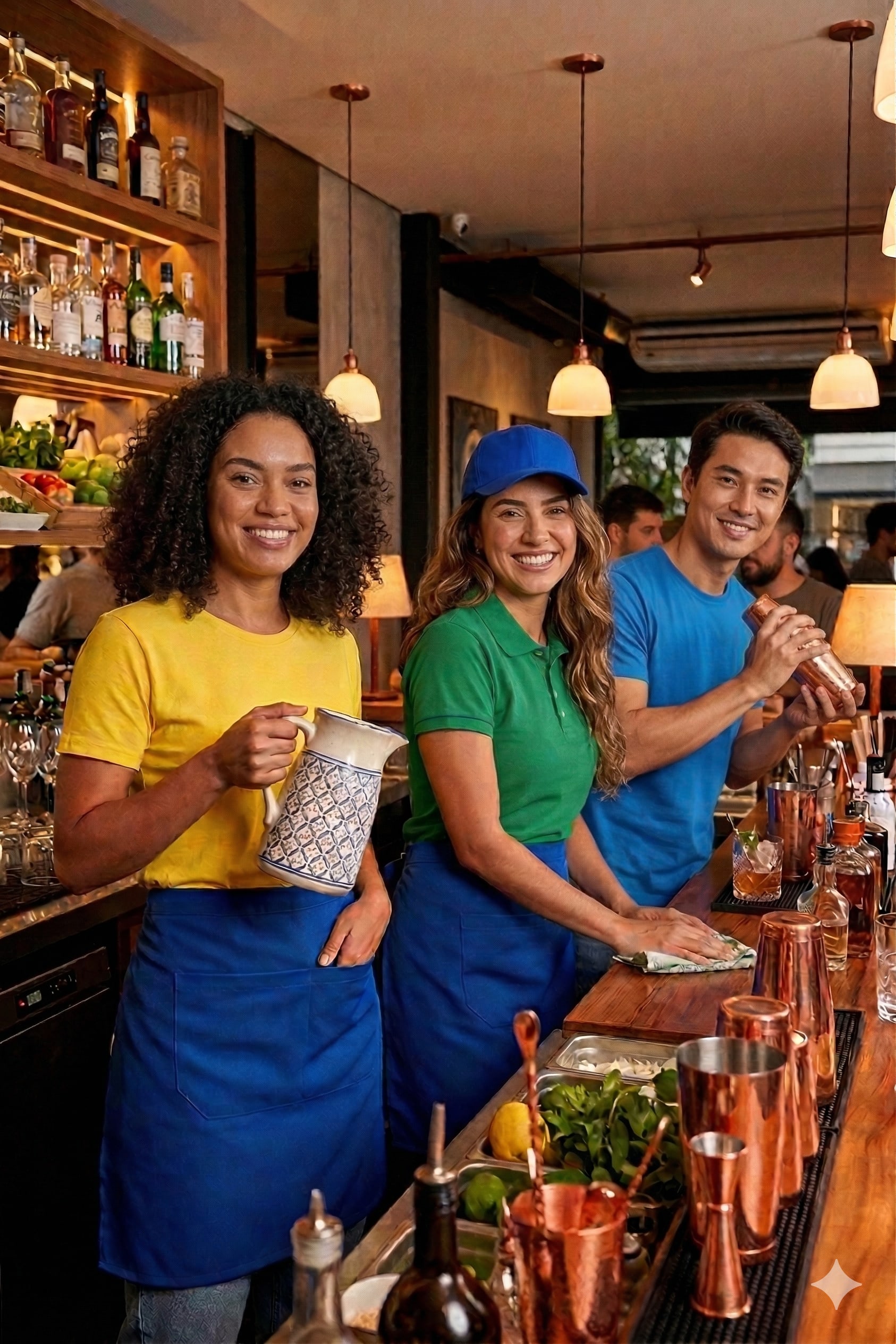 Equipe de bar uniformizada com camisetas personalizadas durante jogo da Copa