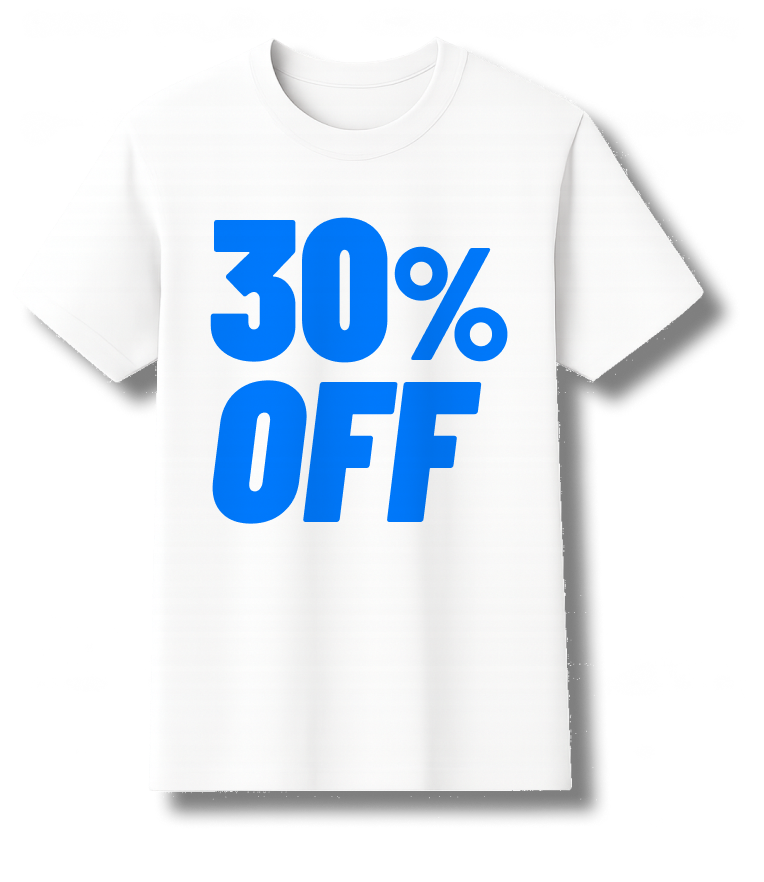Foto de camiseta branca estampada com o texto 30% OFF