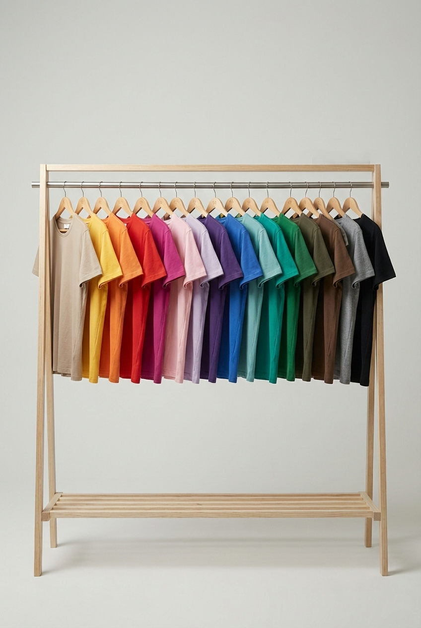 Variedade de camisetas coloridas penduradas