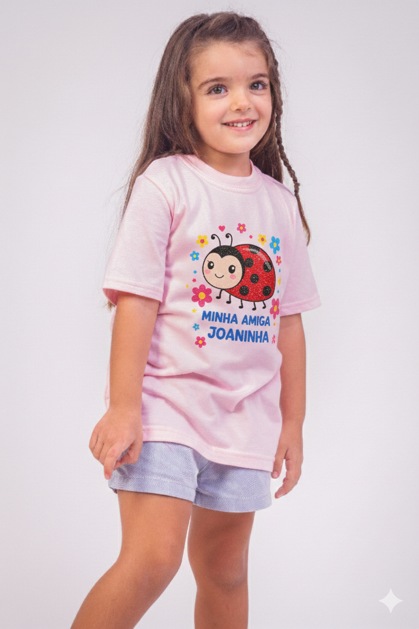 Menina com camiseta infantil personalizada com joaninha