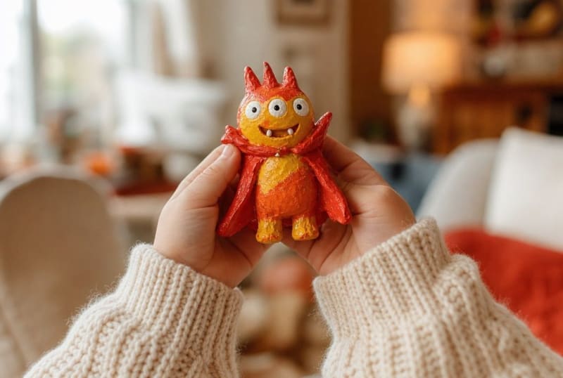 Fertig bemalte 3D-Figur aus einer Kinderzeichnung in Kinderhänden