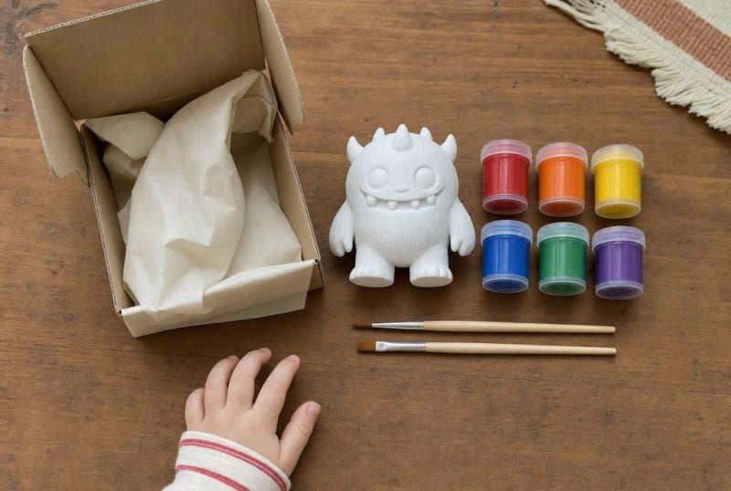 Ausgepacktes DoodlHero-Set: weiße Figur, sechs Acrylfarben und zwei Pinsel neben dem Versandkarton