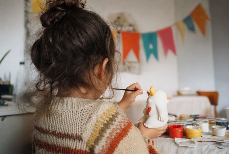 Vierjähriges Kind bemalt konzentriert eine weiße Figur, Geburtstagsgirlande im Hintergrund