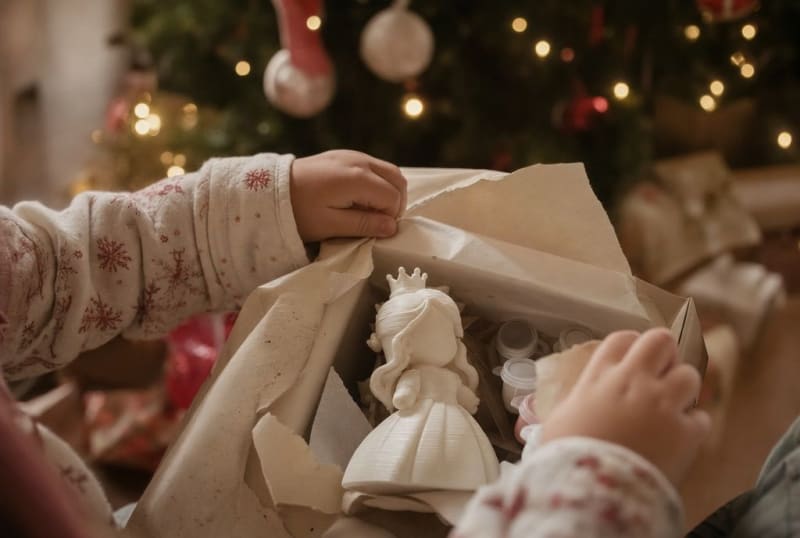 Kinderhände packen am Weihnachtsmorgen eine weiße Prinzessinnen-Figur mit Farbset aus