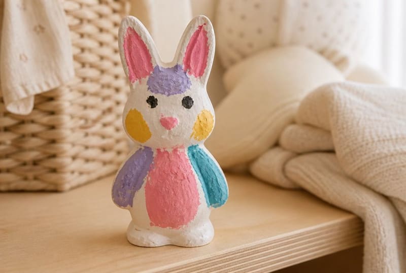 Kindgemalte Hasenfigur als Erinnerungsstück auf einem Regal im hellen Kinderzimmer