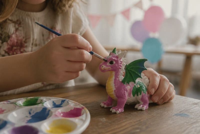 Fünfjähriges Kind bemalt konzentriert eine weiße Drachenfigur