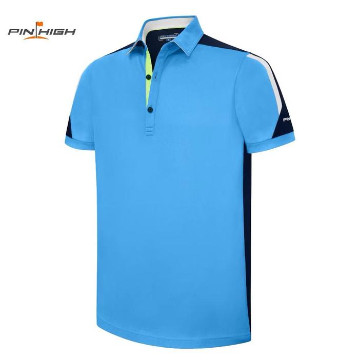 PIN HIGH Golf Polo Shirt - Modern Fit - Azure Blue/Navy/White - David