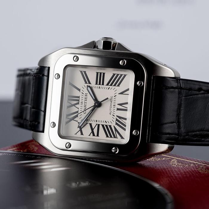 Cartier Santos 100-M Stainless Steel Black Leather