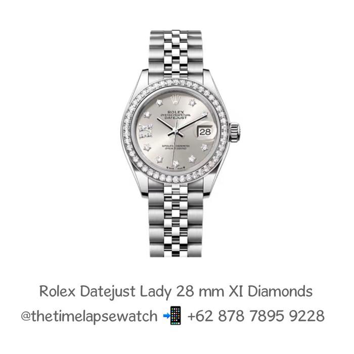 Rolex Datejust Lady 28m, Factory Diamonds Bezel, XI Diamonds Index Silver Dial Stainless Steel Jubilee