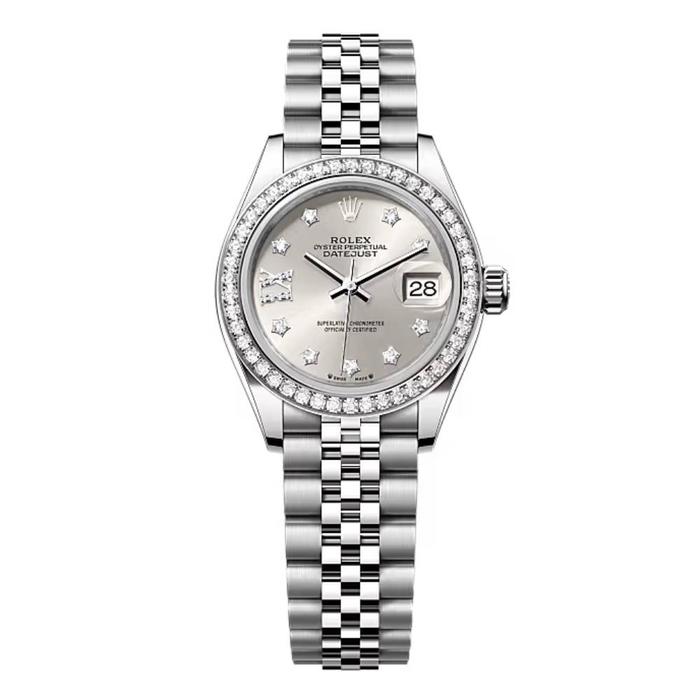 Rolex Datejust Lady 28m, Factory Diamonds Bezel, XI Diamonds Index Silver Dial Stainless Steel Jubilee