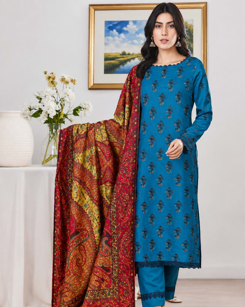 3-Piece Dhanak Suit with Jamawar Fancy Shawl