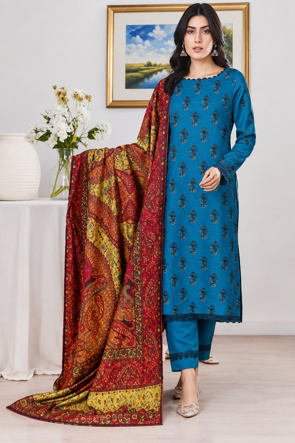 3-Piece Dhanak Suit with Jamawar Fancy Shawl