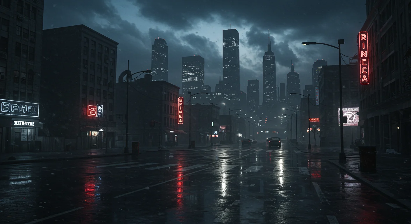 Noir cityscape with neon lights and rain