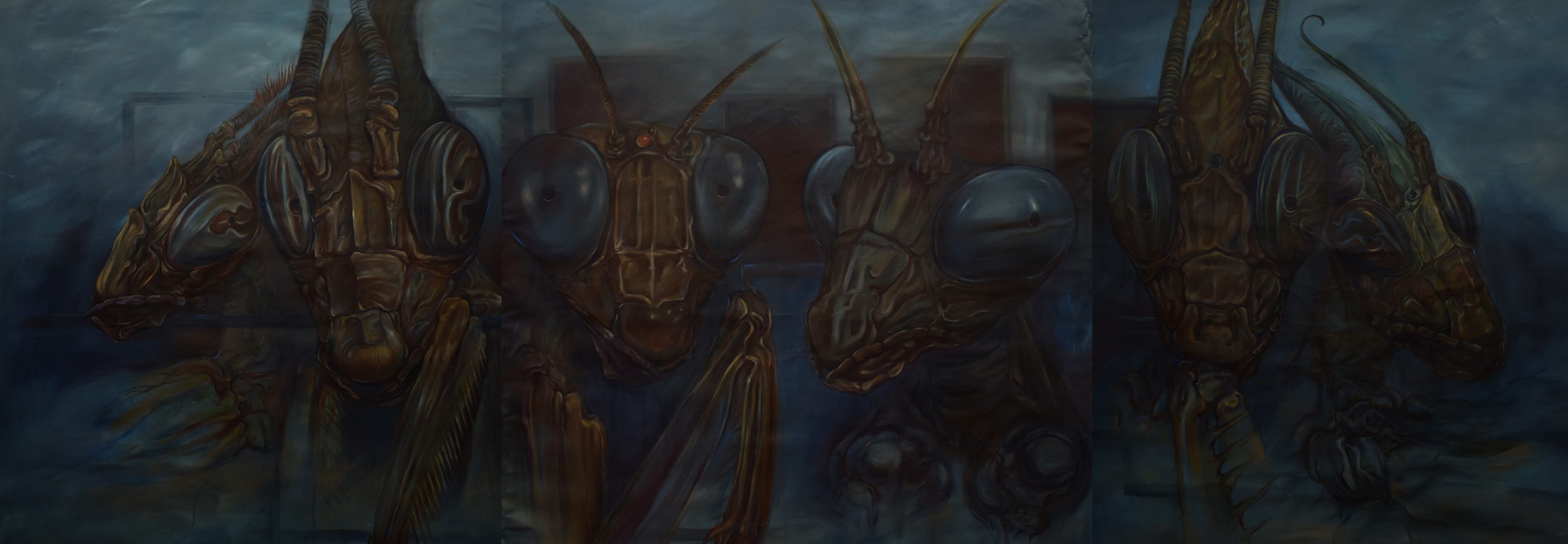 Artwork of Helena Blagojevic, name:"The Masks", dimensions: 600 cm x 210 cm , tryptich, technique: oil on canvas, made in year: 2022