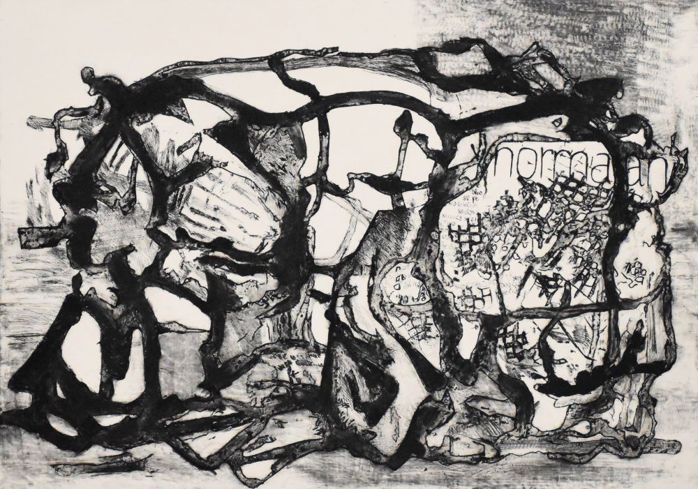 Name:“Razmišljanje”, dimensions: 84cm x 63cm, technique: lino engraving