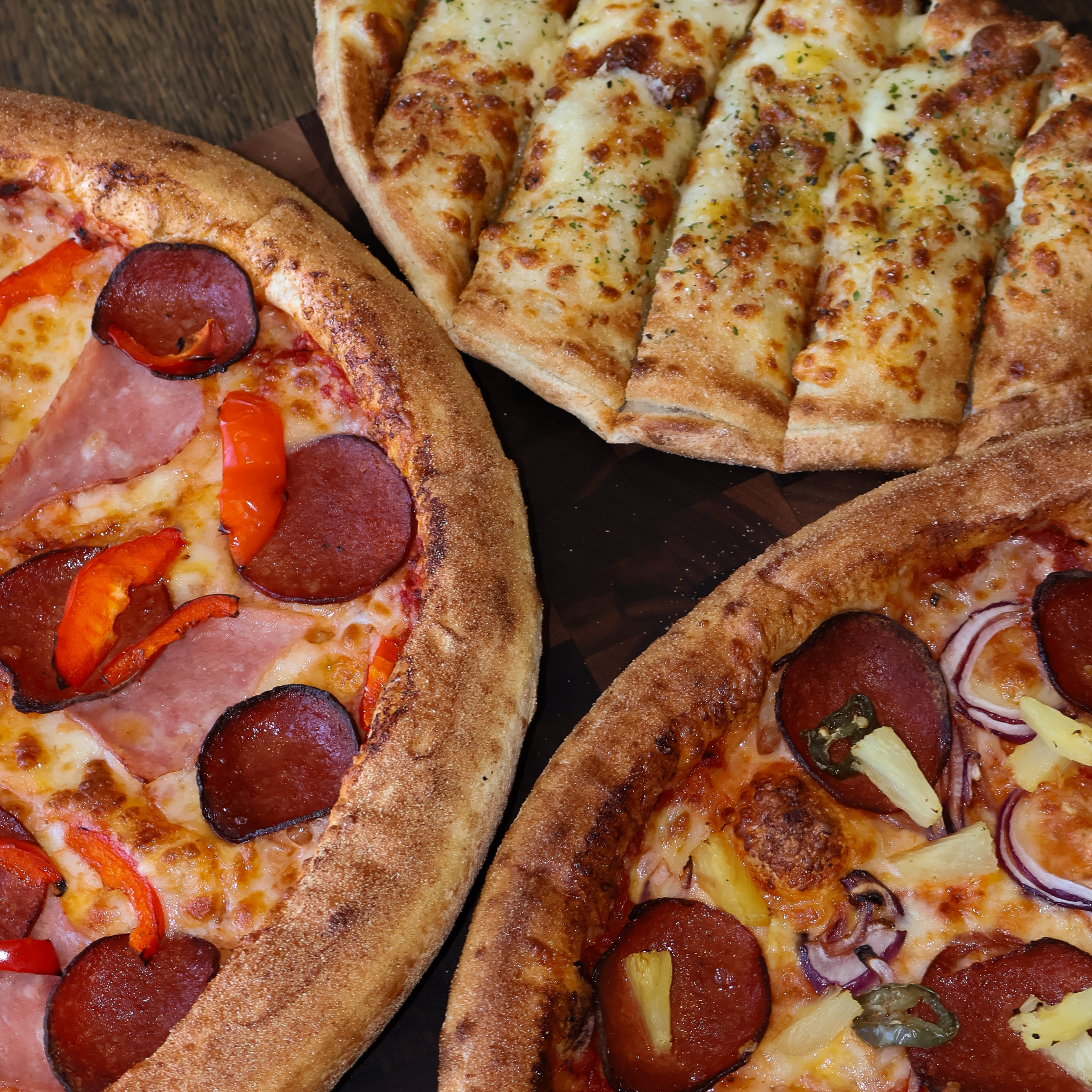 Two Pizzas f. Menu & Cheese Breadsticks/ Garlic Bread