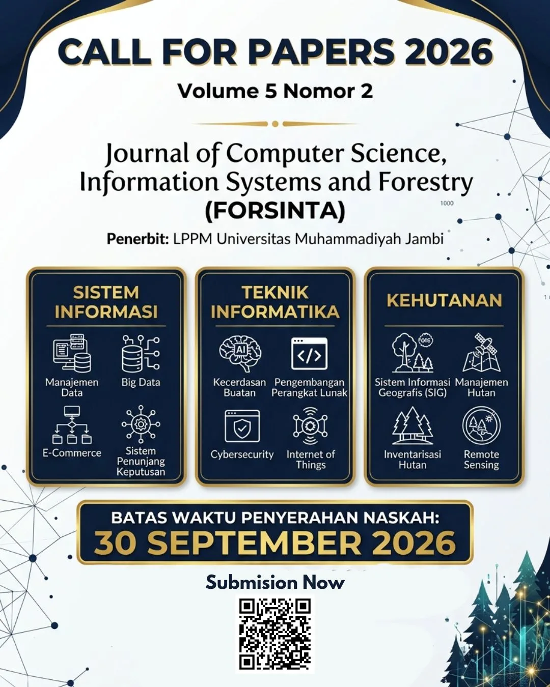 Call for Paper Jurnal FORSINTA Vol 5 No 2 pada April 2026.