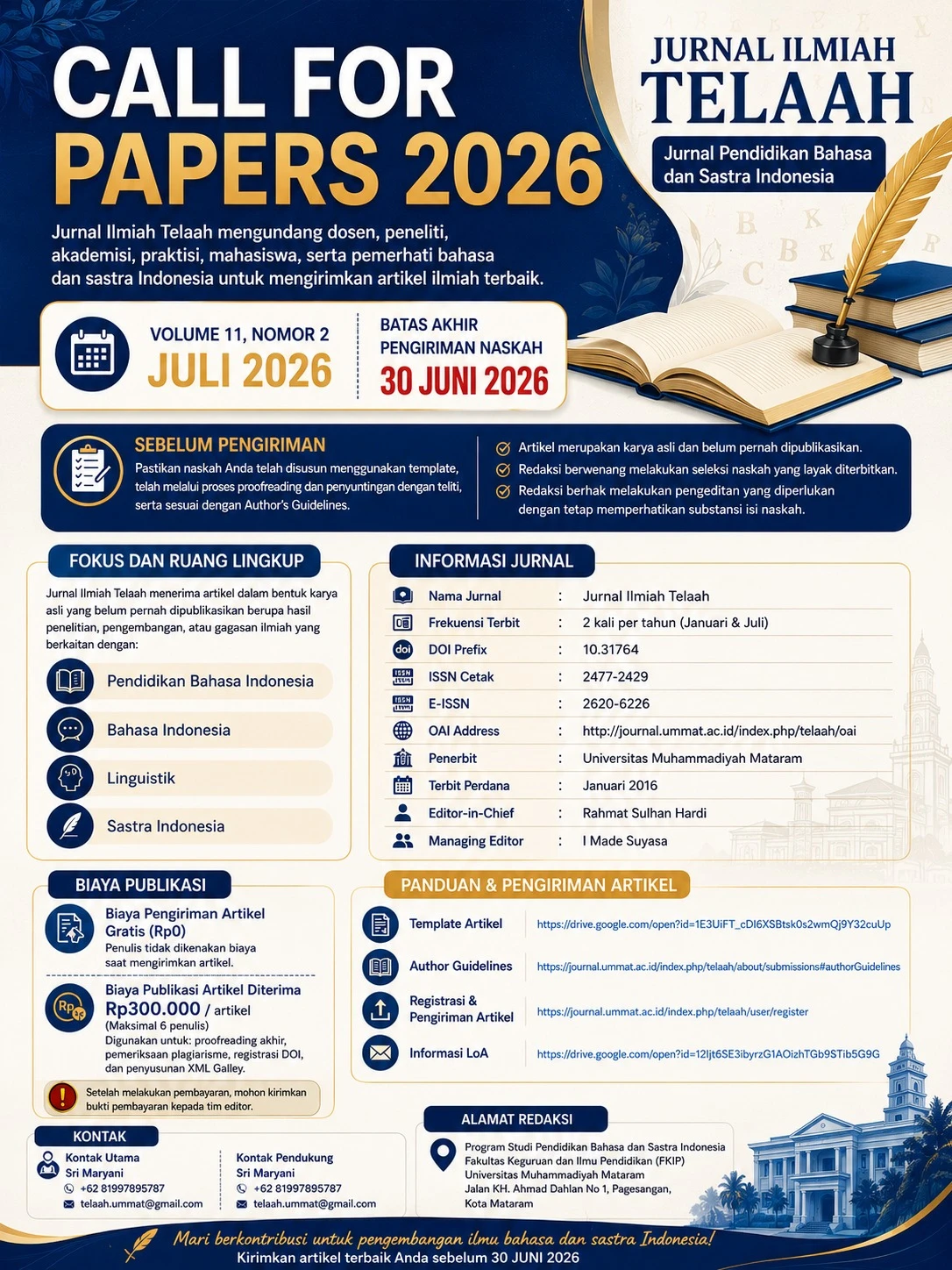 Call For Paper Volume 11, Number 2, July 2026 Jurnal Ilmiah Telaah