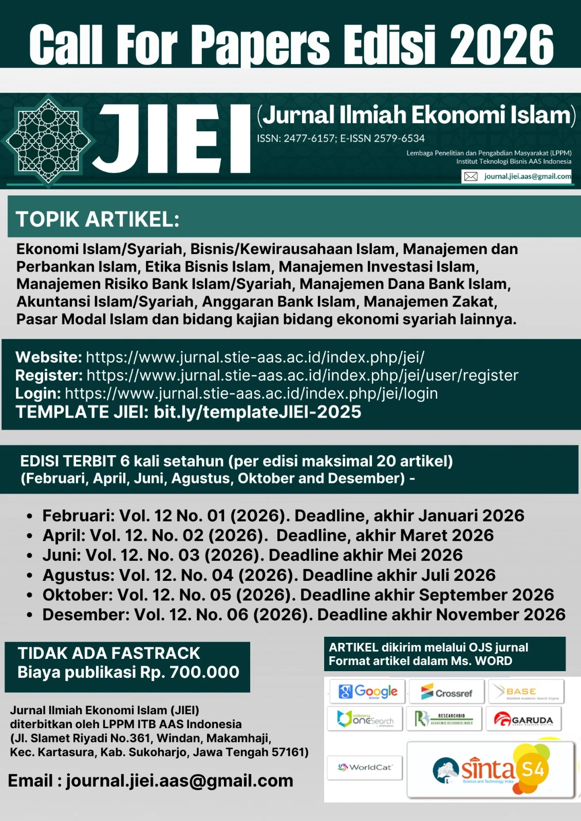Call for Paper Edisi 2026 Jurnal Ilmiah Ekonomi Islam