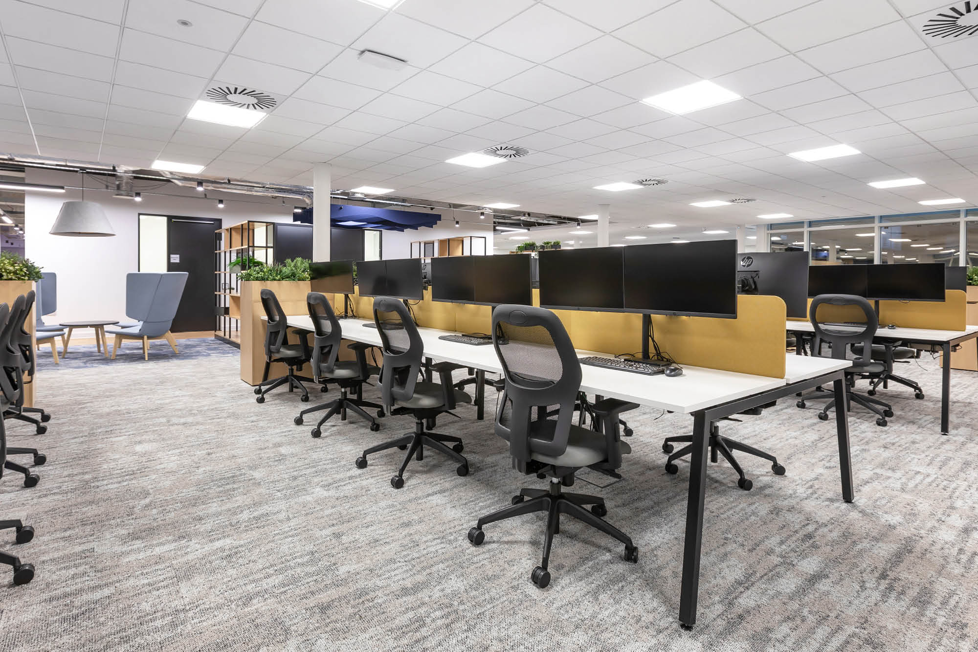 A modern office space with rows of workstations. Each desk has a computer monitor and a chair.