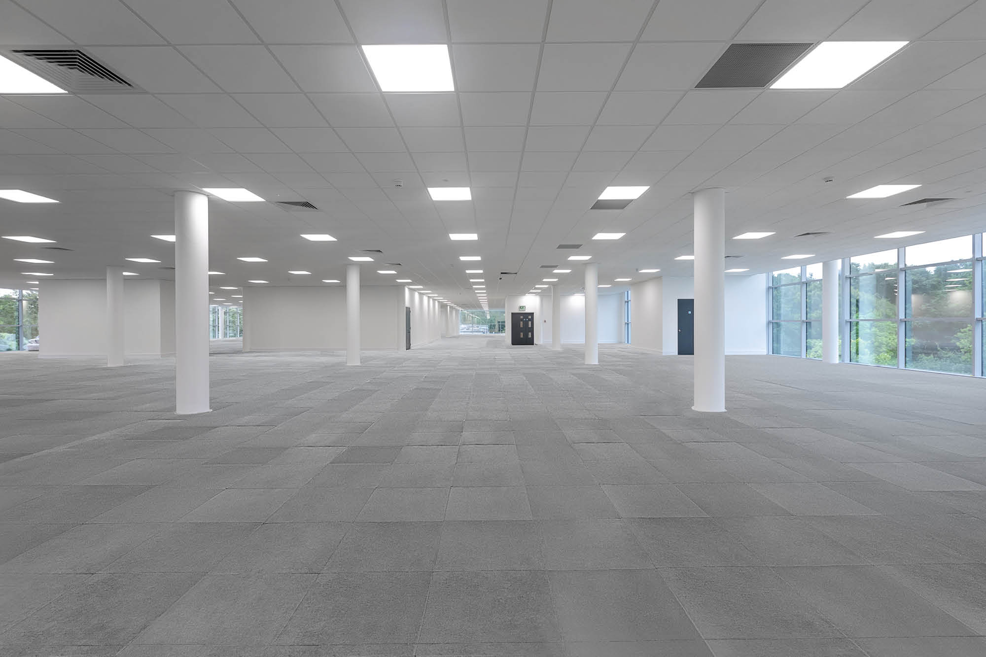 Spacious empty office interior with white pillars, large floor-to-ceiling windows on the right, and a tiled ceiling with fluorescent lights.