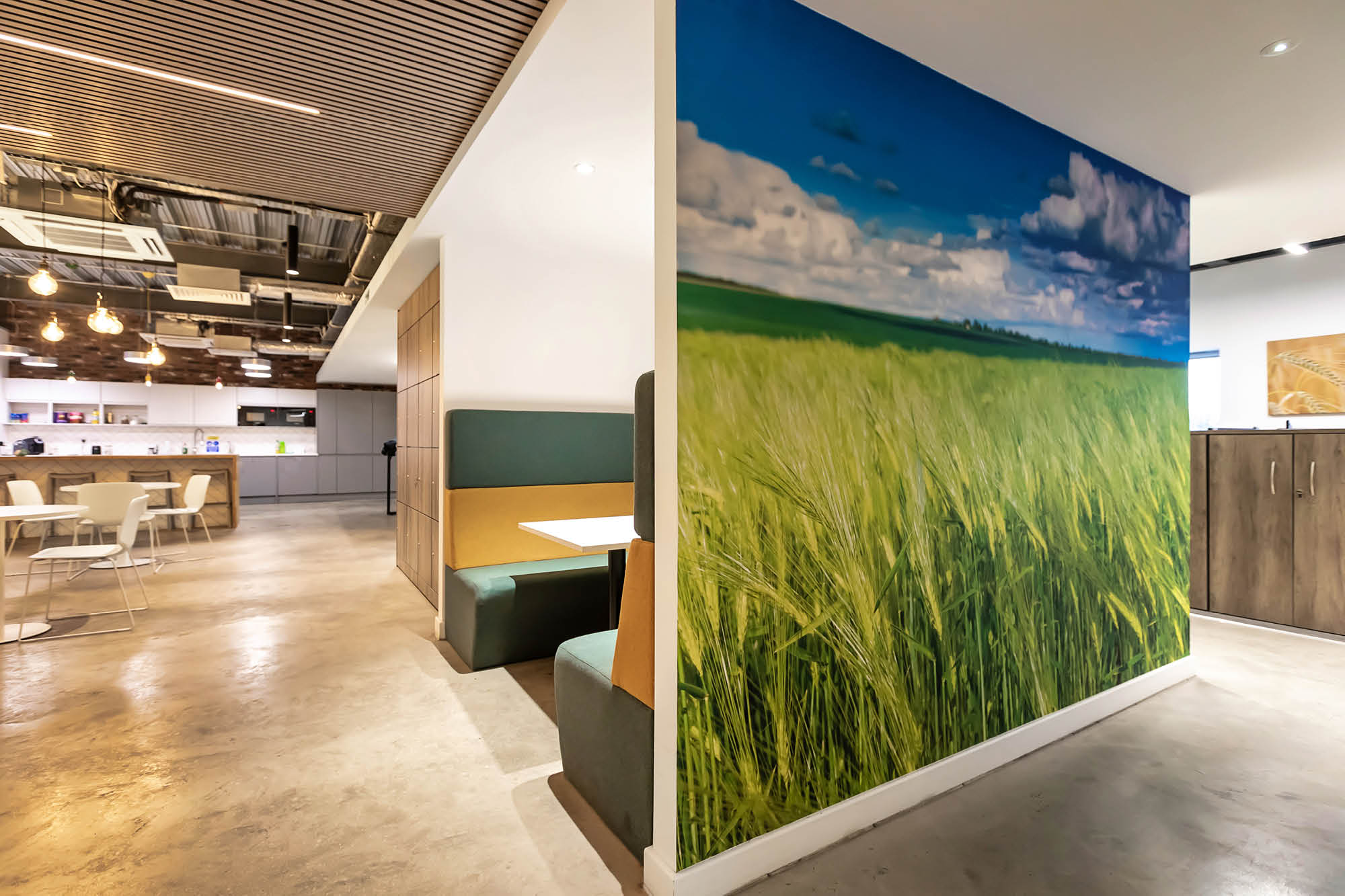 Modern office interior with a split view: on one side, a bright cafeteria with seating, wooden accents, and ceiling lights.