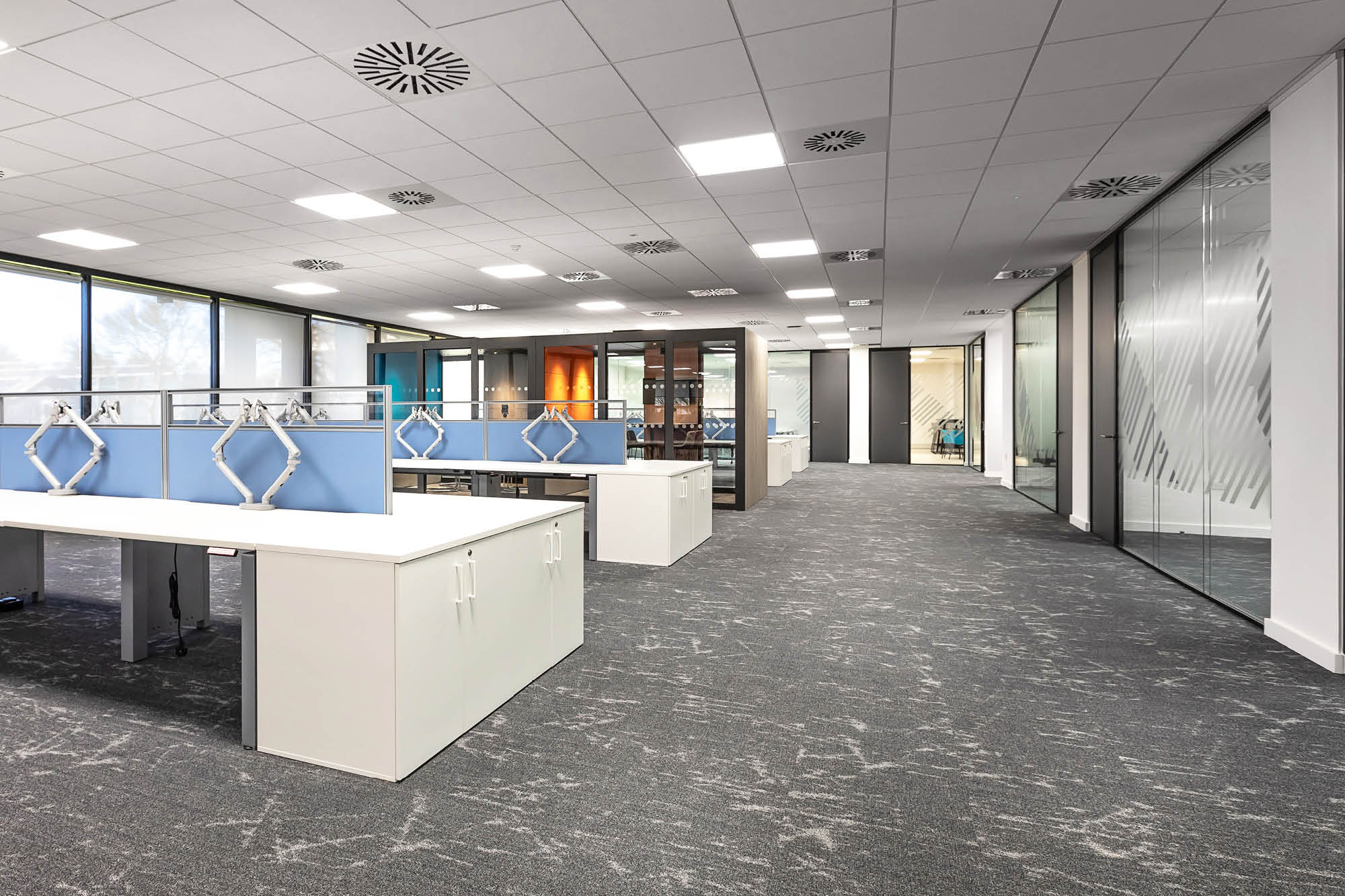A spacious, modern office with empty white desks, blue dividers, and adjustable monitor arms.