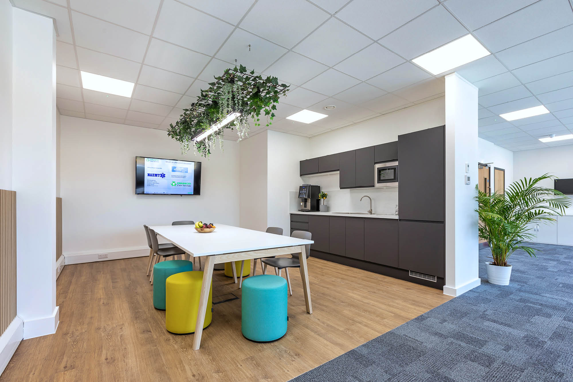 Modern office break room with a white table, colourful stools, and a green plant. A kitchenette with cabinets and a sink.