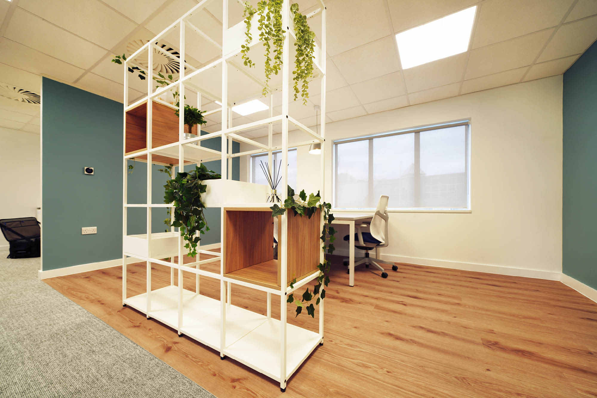 Modern office space featuring a white shelving unit with plants, light wood flooring, a desk with a chair near a large window.