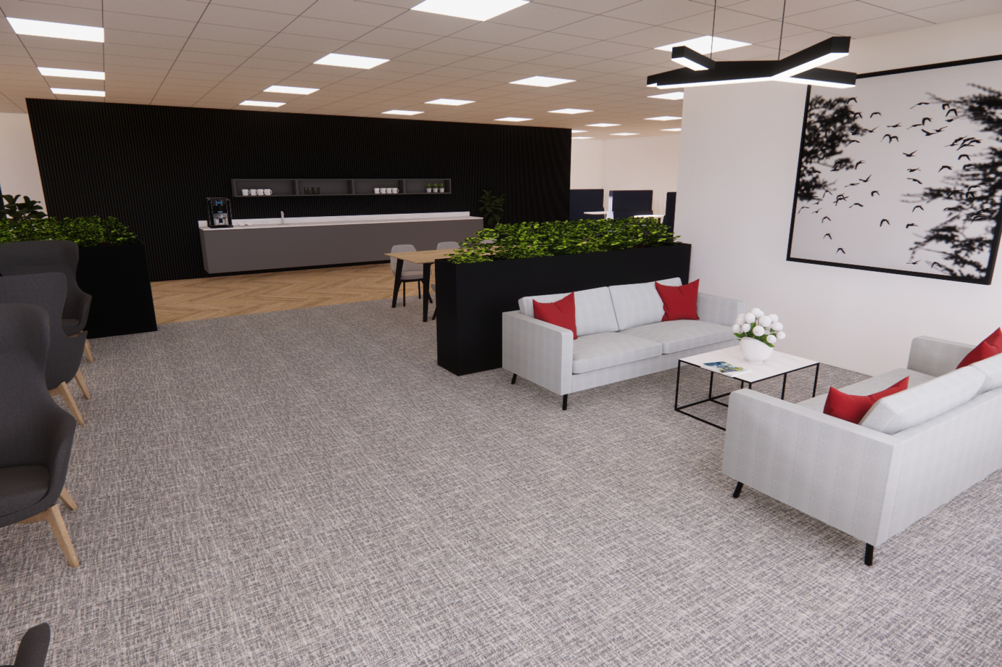 Modern office lounge with gray sofas and red pillows, a black coffee table, and potted plants. A large black and white artwork of flying birds.