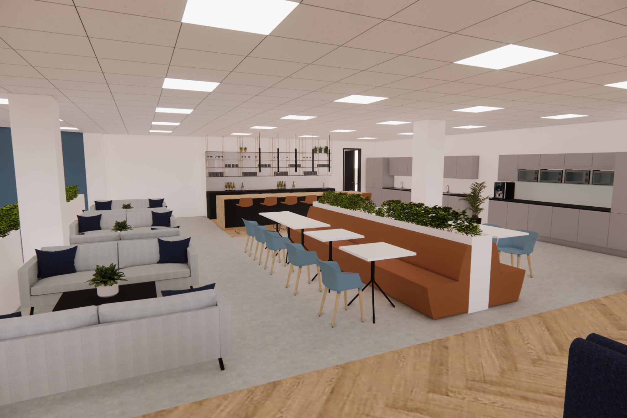 Open-plan office lounge with modern design. Features gray sofas, blue chairs, and orange bench seating around white tables.