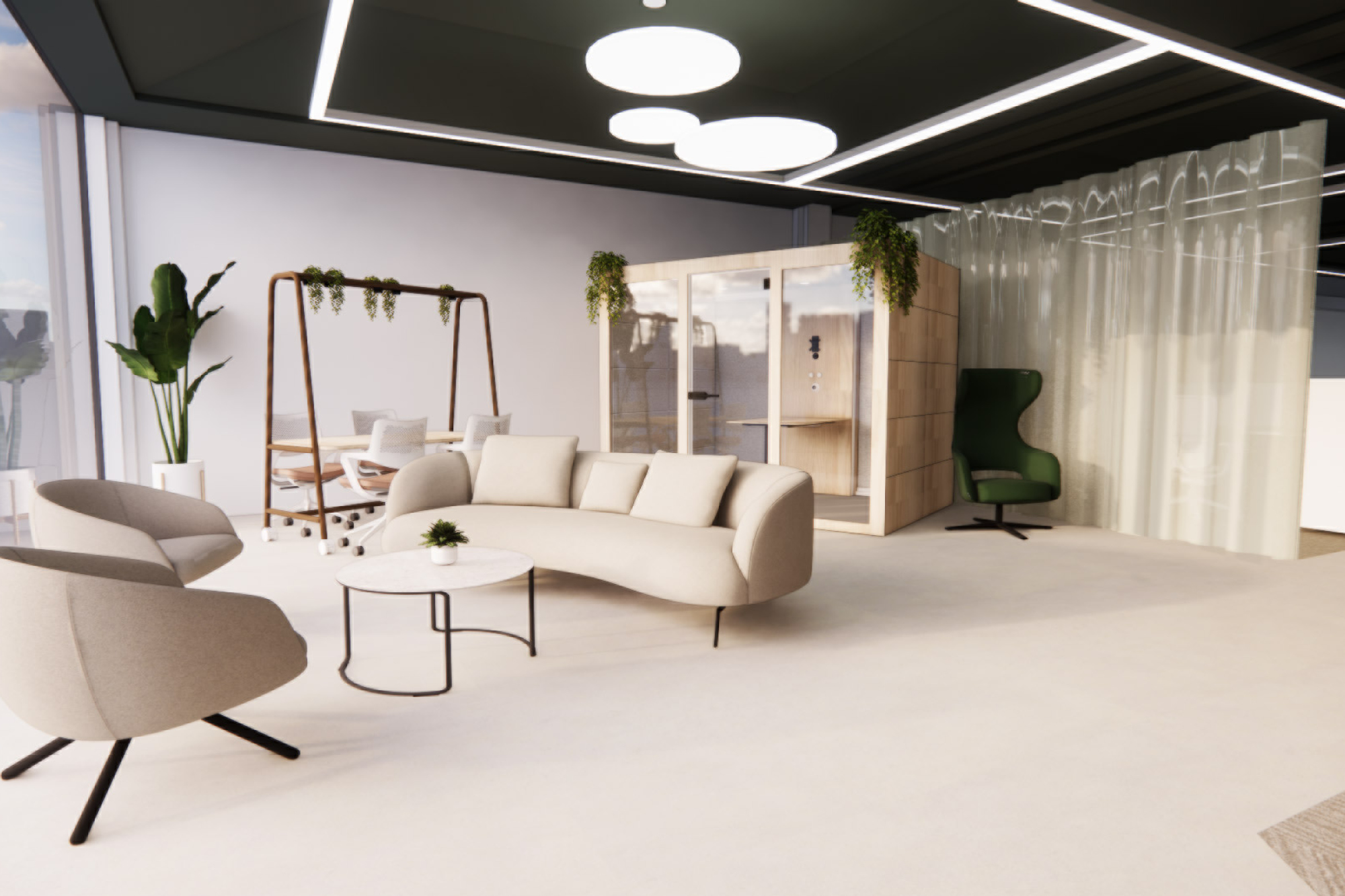 Office design studio render with modern furniture and relaxed colours.