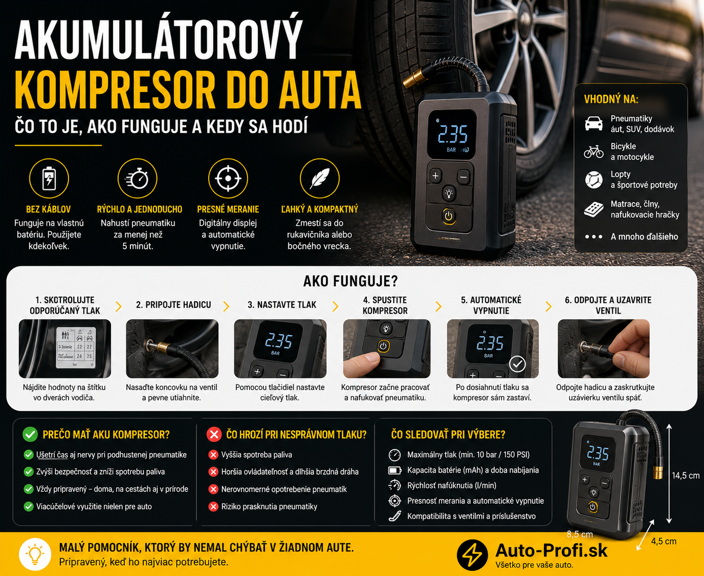 Akumulátorový kompresor do auta: čo to je, ako funguje a kedy sa hodí