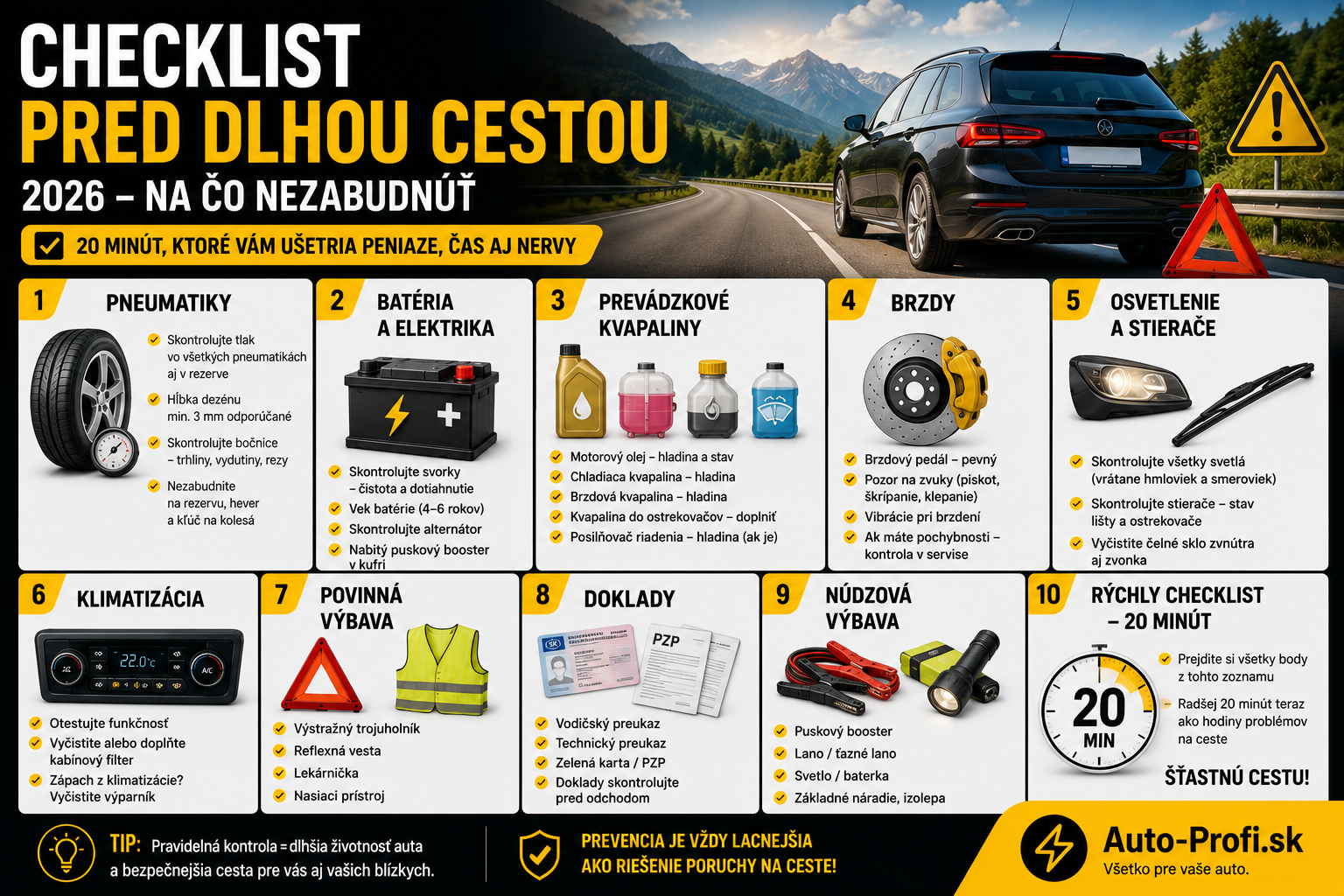 Čo skontrolovať v aute pred dlhou cestou 2026: kompletný checklist