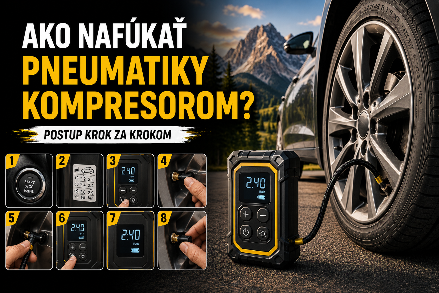 Ako nafúkať pneumatiky kompresorom 2026: postup krok za krokom