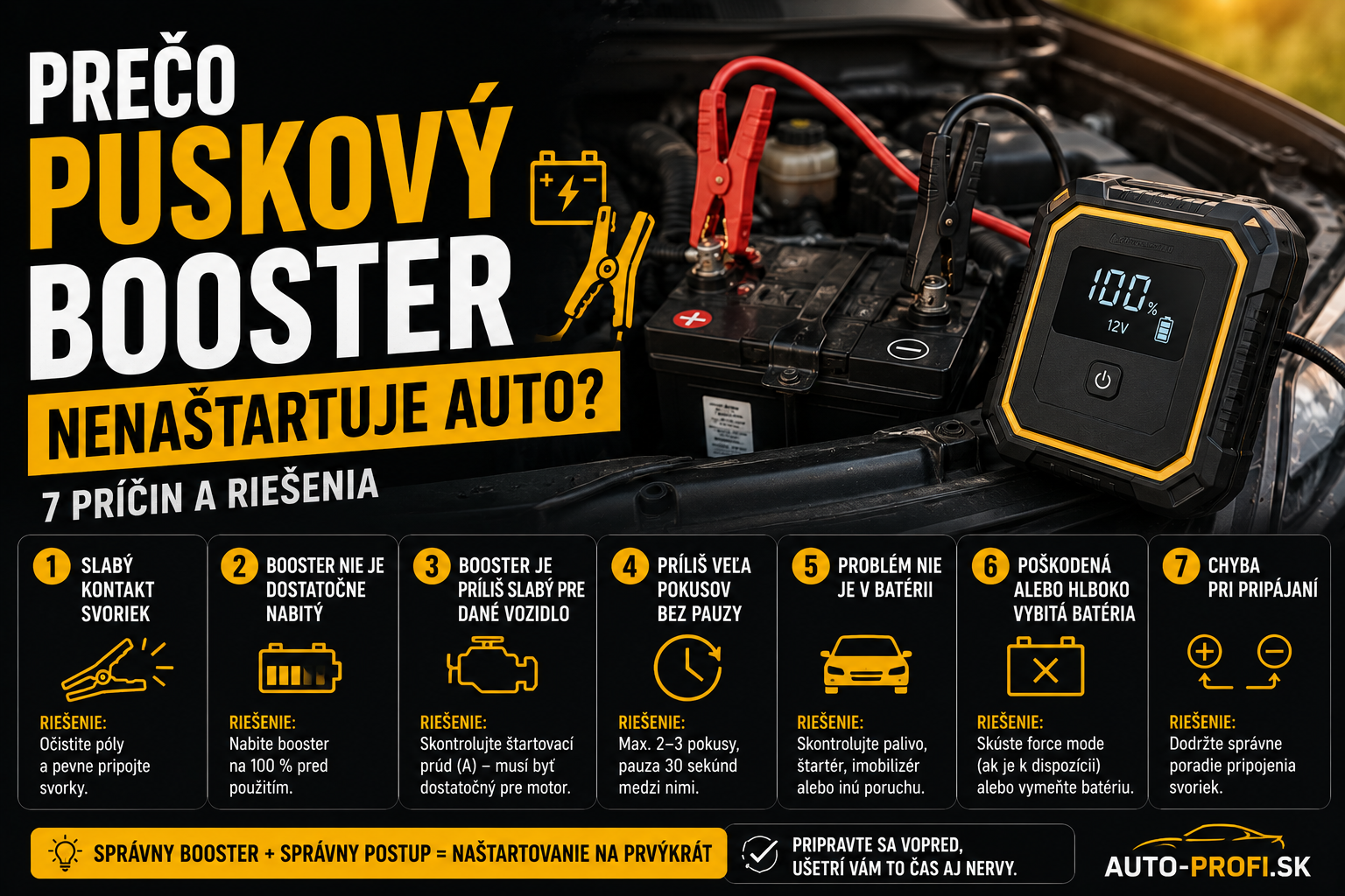 Prečo puskový booster nenaštartuje auto 2026: príčiny a riešenia