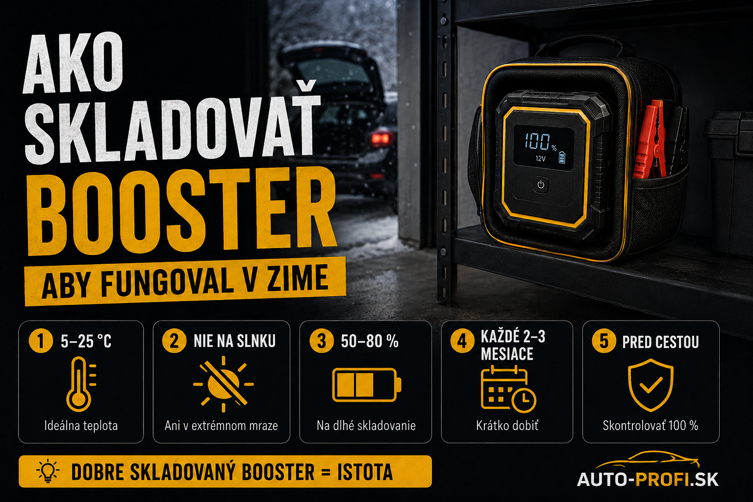 Ako správne skladovať puskový booster v zime 2026