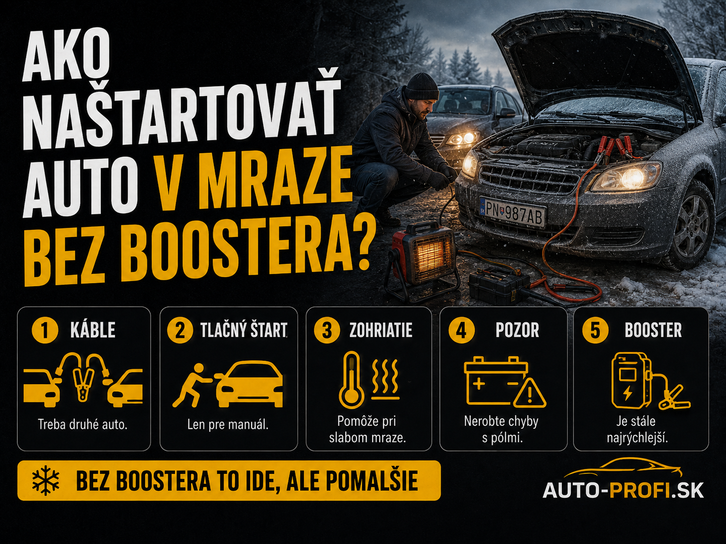 Ako zaviazť auto v mráz bez boostera 2026: alternatívne metódy