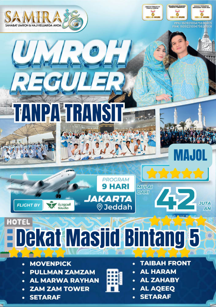 Brosur detail paket umroh Samira Travel 2025 dengan fasilitas lengkap