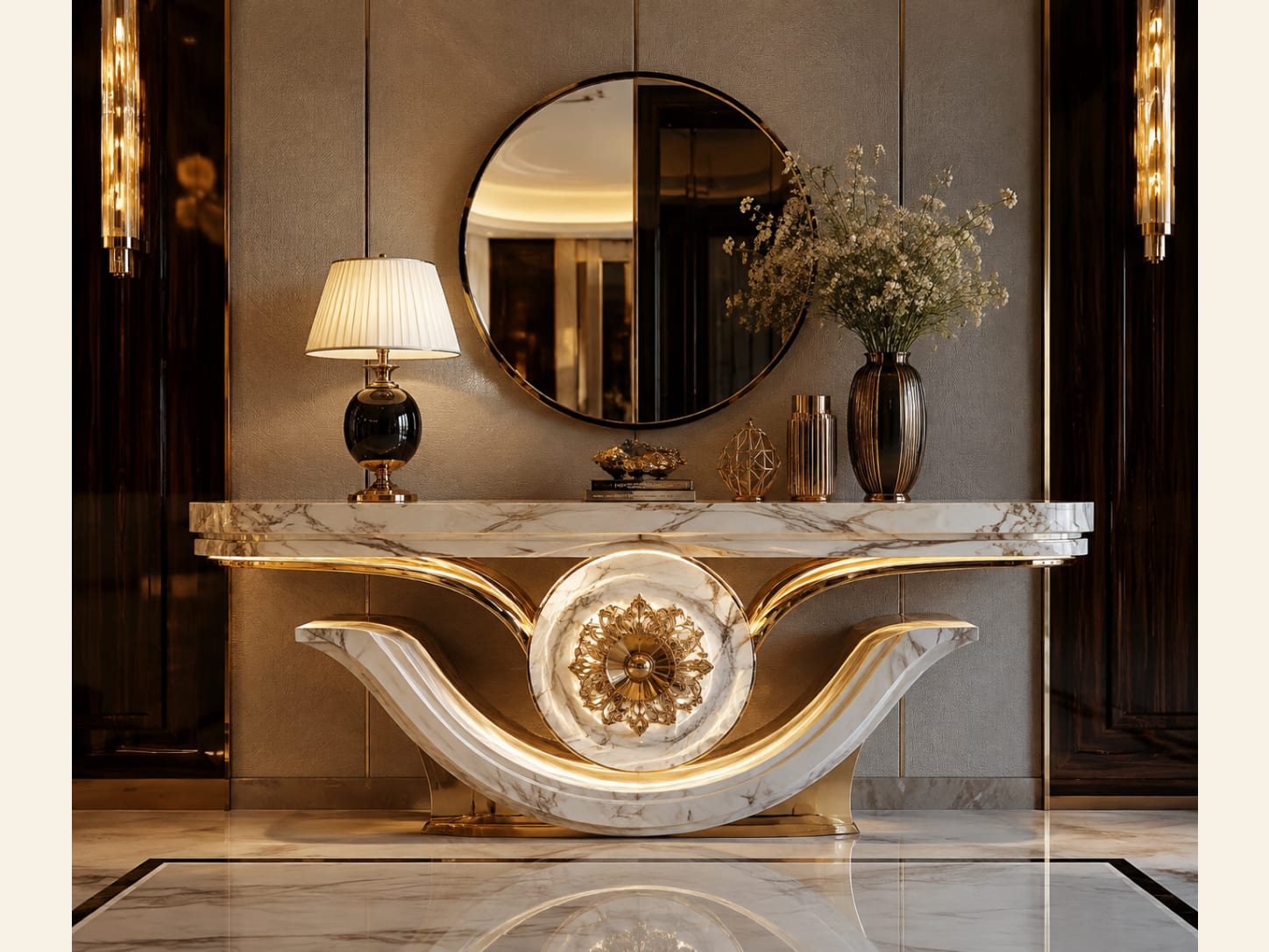 Turn a marble base into an illuminated arc White marble console with sweeping gold arcs, concealed warm lighting and a large round mirror