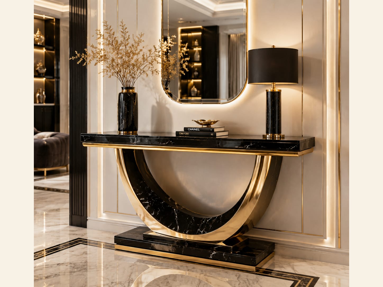 Frame black marble with one sweeping gold U Modern black marble console table with a sweeping gold U-frame, backlit mirror and matching black accessories